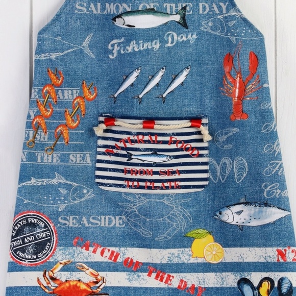 NWT Kitchen APRON SEAFOOD fish chef Apron - French Chic Apron 100% Cotton - OS - Picture 2 of 10